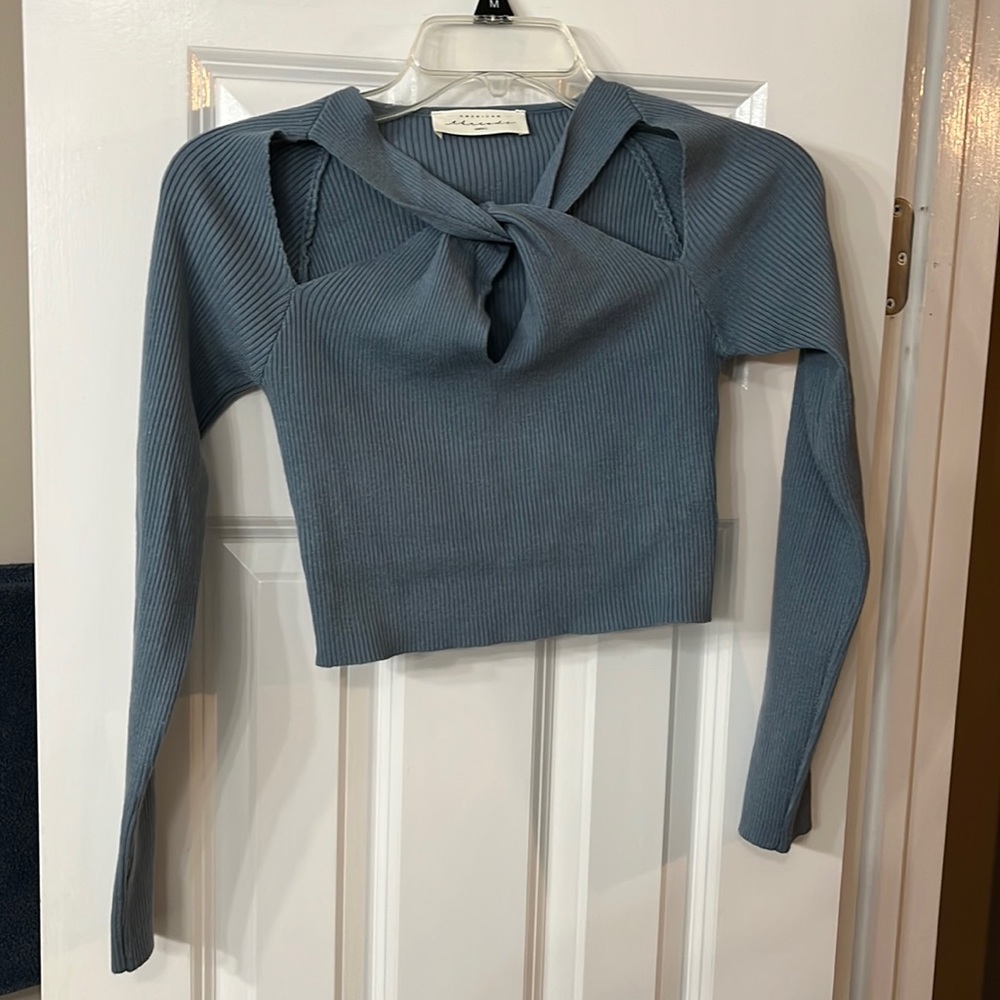 American threads cropped sweater. Periwinkle blue. Small.